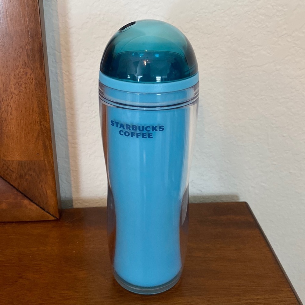 Starbucks Coffee Double Wall Tumbler 16 Oz Teal Clear dome lid 2008